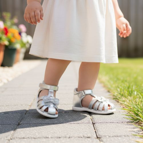 Sandale Bébé Fille Argentée à Nœud Scintillant