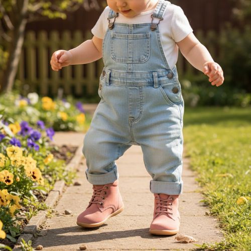 Bottine Rose Fille Motif Uni Lacets