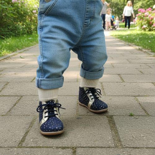 Chaussure Bleu Marine & Doré Fille à Lacets