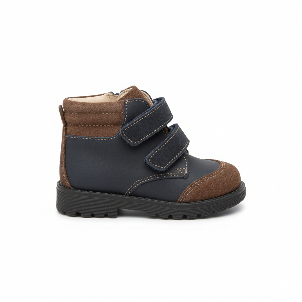 Chaussure Garçon Bleu Marine & Marron - Deux Bandes à Scratch